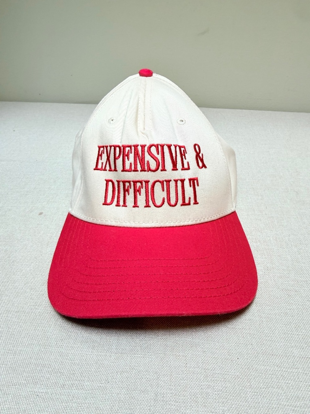 Expensive and Difficult Embroidered Red and White Trucker Hat Cap - Picture 1 of 8